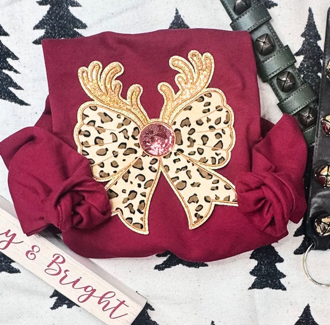 Leopard Bow With Antlers Sequin Chenille Patch