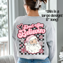 Load image into Gallery viewer, Santa Don&#39;t Stop Believing Front &amp; Back On Ash Gray
